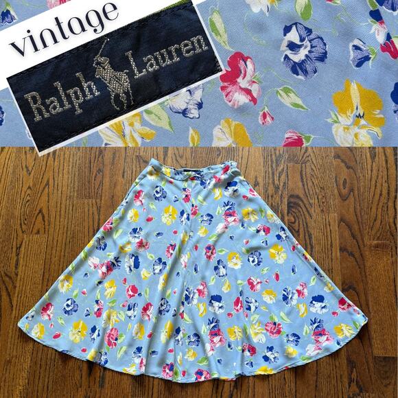 Vintage Blue Label Ralph Lauren Floral Bias Twirl Skirt Preppy Summer EuroTravel - Picture 1 of 11